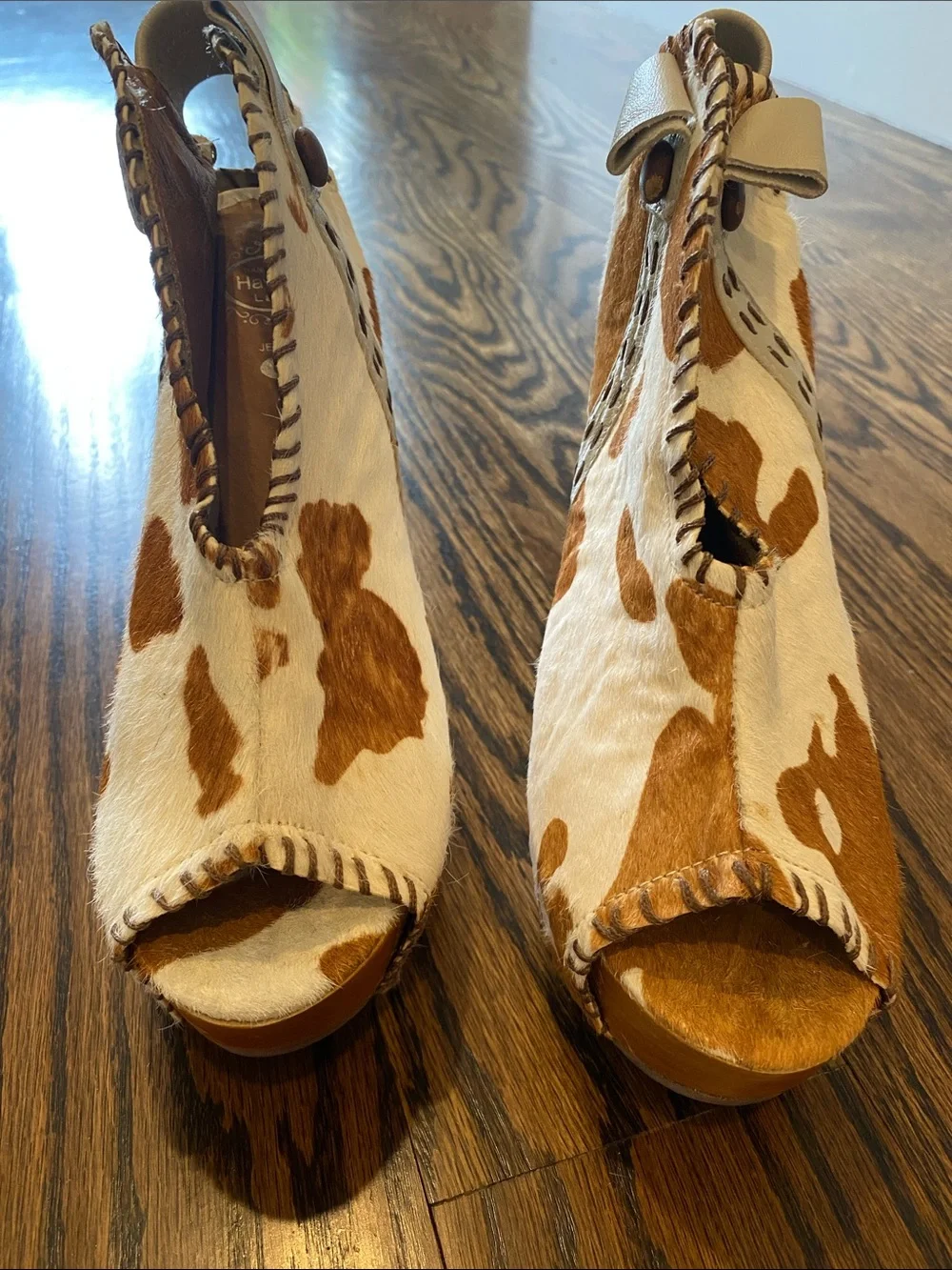 Jeffrey Campbell Cowhide Peep-Toe Wedges in Brown and Cream